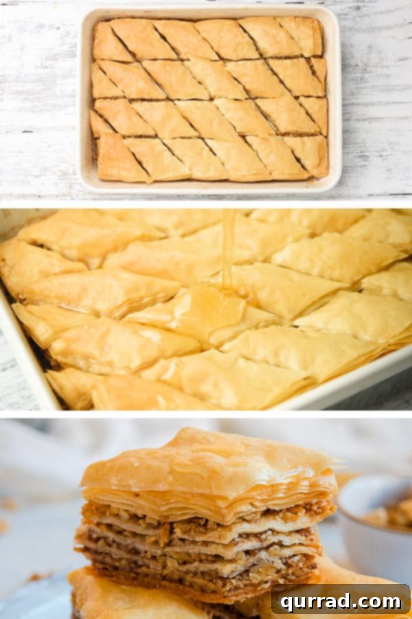 Pouring golden honey syrup over hot, crispy Baklava. Step-by-step photos showing a baked Baklava being drizzled generously with honey syrup after coming out of the oven.