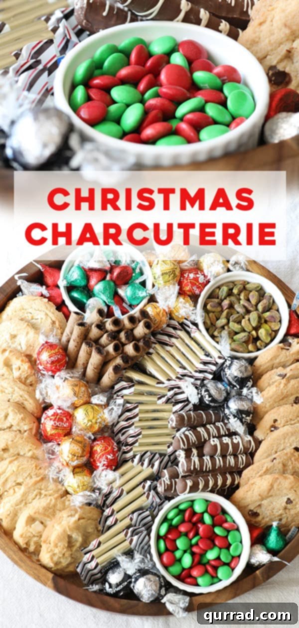 A chocolate themed Christmas Charcuterie Board is so easy to put together, fun to eat, and a great way to entertain friends and family for the holidays! Pin for Christmas Chocolate Charcuterie Board: A delectable spread of holiday sweets, perfect for festive gatherings and easy entertaining, including cookies, truffles, and candies