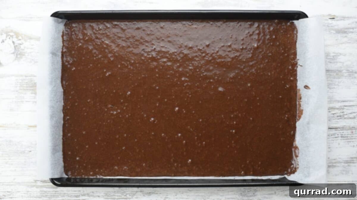 Decadent Chocolate Log 7 Chocolate cake batter in the pan.