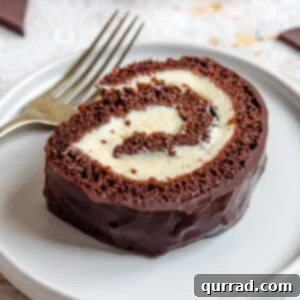 Decadent Chocolate Log 2 A slice of chocolate Swiss roll cake on a plate.