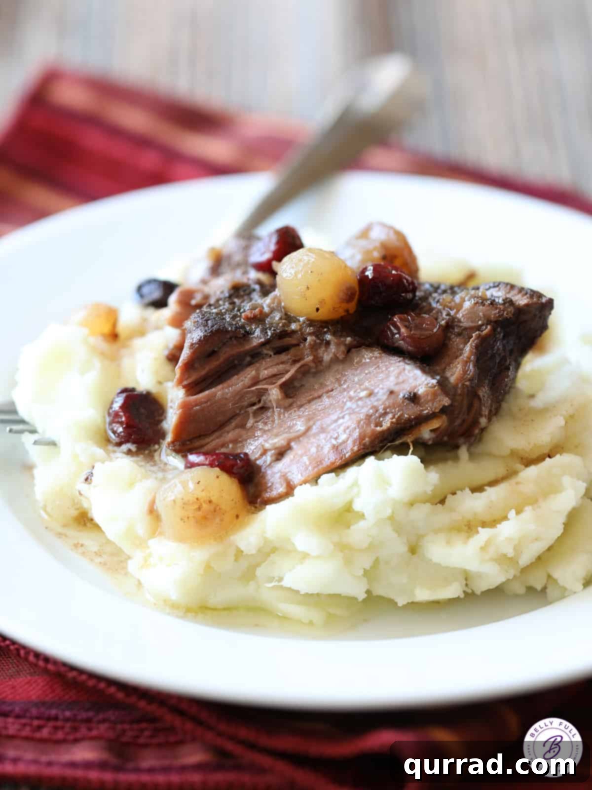 Shredded pot roast with cranberries and pearl onions served over fluffy mashed potatoes, garnished with fresh herbs, ready to be enjoyed