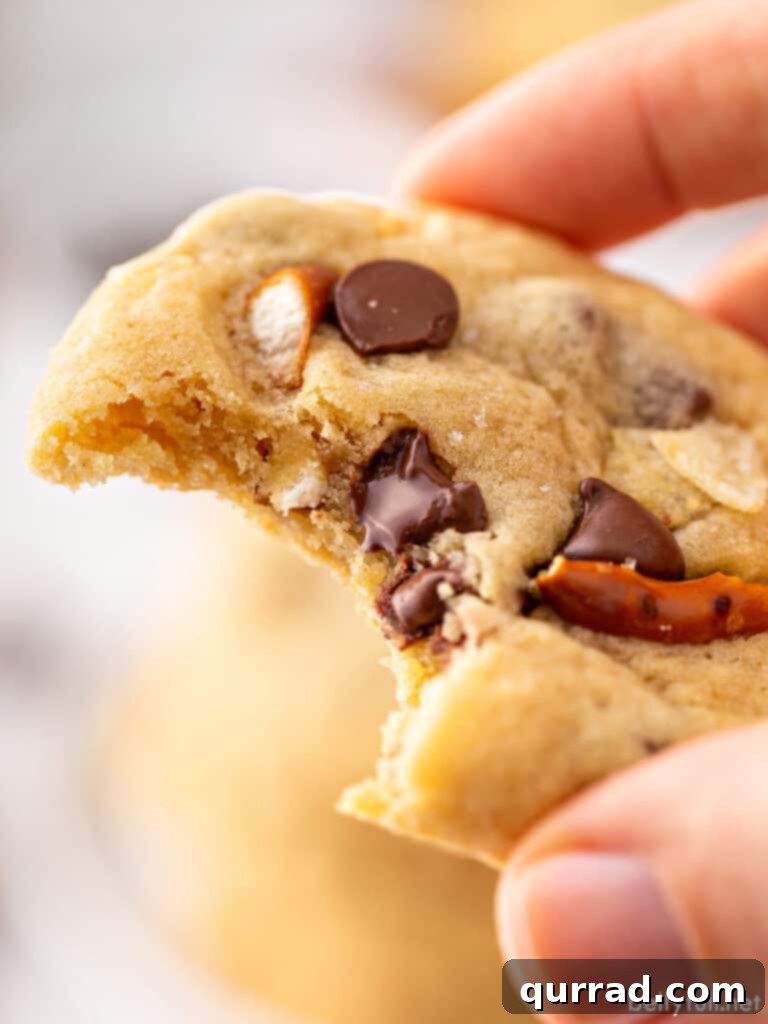 Close up chocolate chip pretzel cookie with bite taken.
