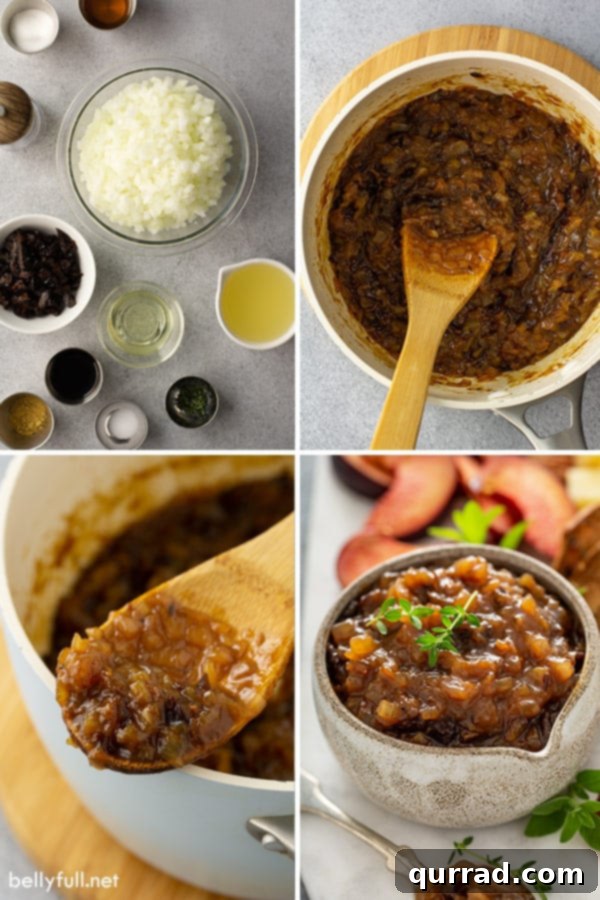A four-panel collage displaying key ingredients: finely diced sweet onions, whole California prunes, a bottle of rich balsamic vinegar, and fresh thyme sprigs.