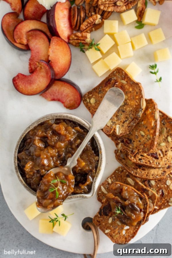 overhead picture of prune onion jam in a decorative serving dish with a small spoon, surrounded by an appetizing spread of crackers, creamy goat cheese, and various nuts for a gourmet presentation.