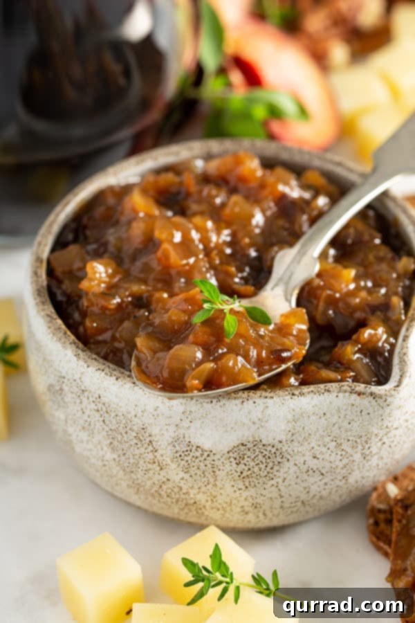 a close-up shot of a spoonful of dark, rich prune onion jam, highlighting its thick, glossy texture and deep color.