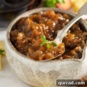 close up of prune onion jam on a spoon, ready to be served