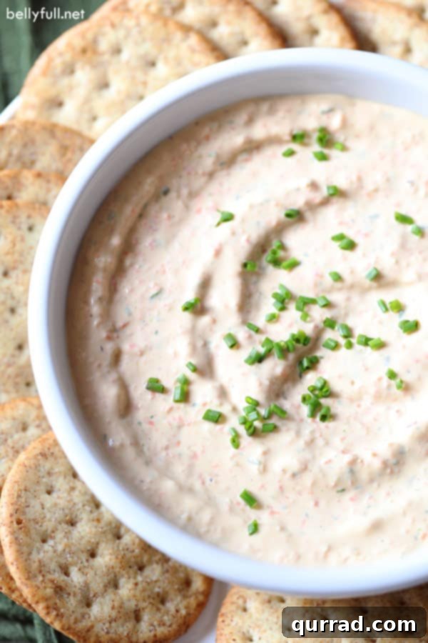 Top-down view of a white bowl filled with creamy veggie dip, garnished with fresh chives, surrounded by an array of crunchy crackers, ready for dipping.