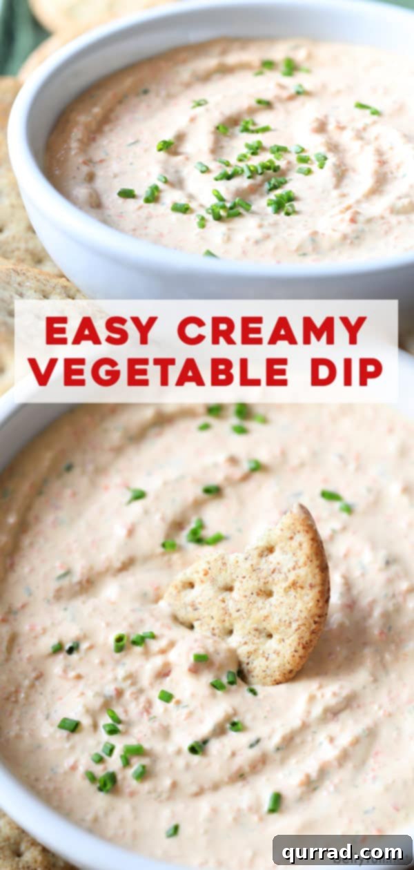 Long Pinterest-optimized image showcasing the homemade veggie dip with various dippers, enticing viewers to try this easy and healthy recipe.