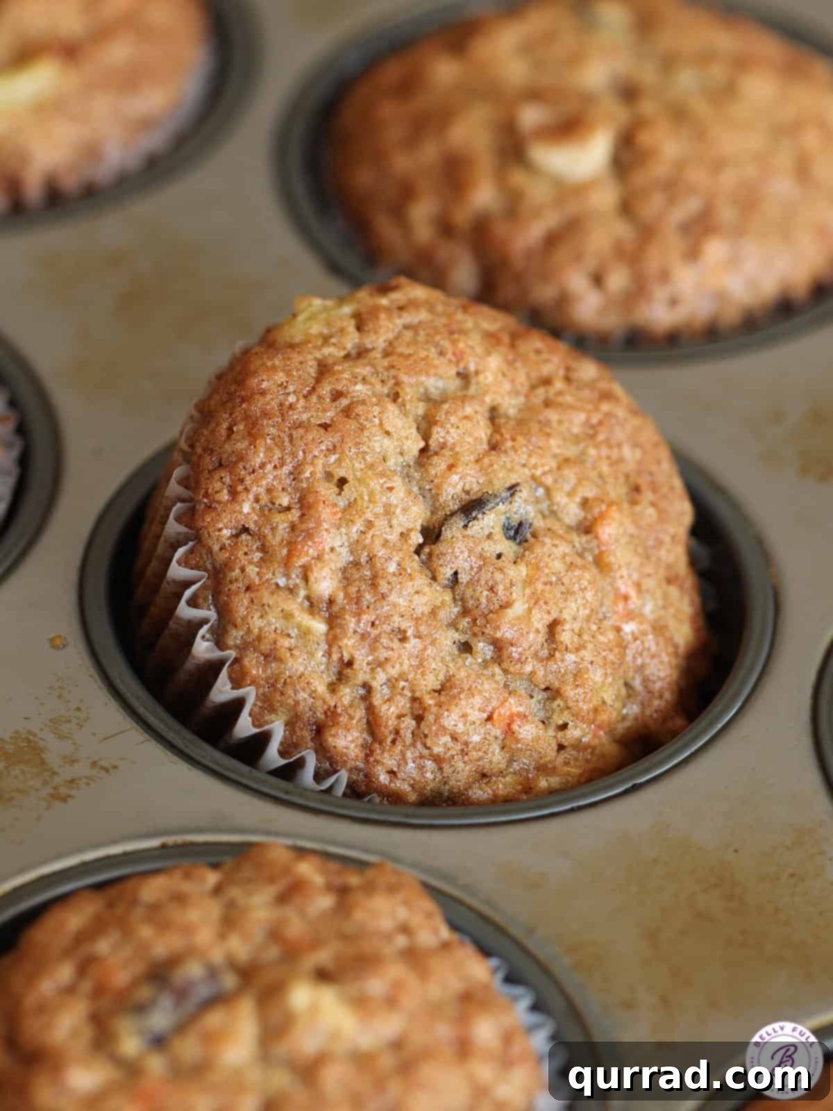 A perfectly baked Morning Glory Muffin gently tilted in a muffin tin, showcasing its golden-brown top and inviting texture.