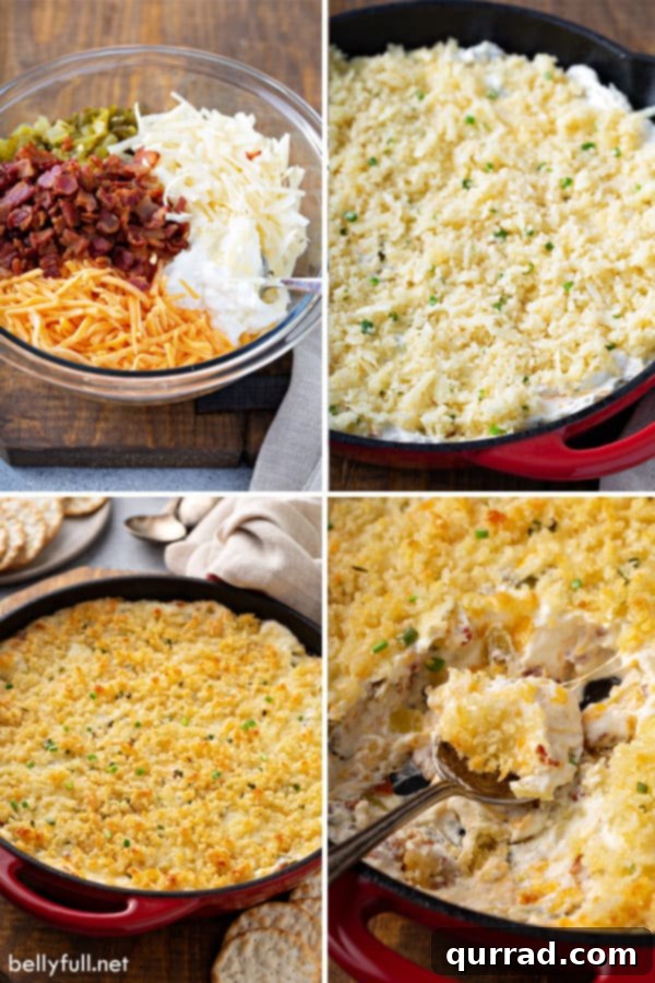 Loaded Cheesy Jalapeno Dip 3 Step-by-step process of preparing Jalapeño Popper Dip, showing ingredients mixing.
