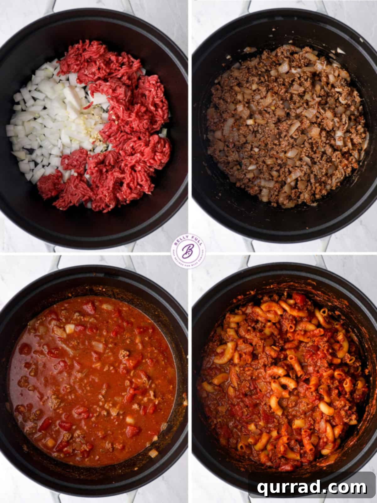 Hearty Weeknight American Goulash 4 A four-image collage demonstrating the key stages of cooking American Goulash: browning ground beef, adding vegetables, simmering the rich tomato sauce, and finally, incorporating macaroni pasta for a complete meal.