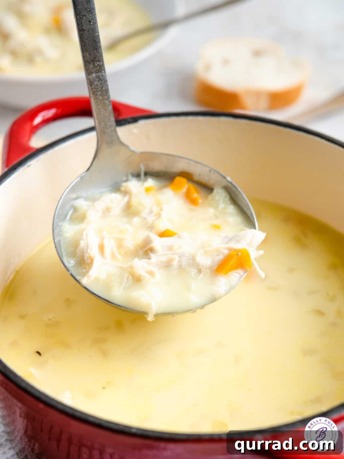 Golden Avgolemono Greek Lemon Chicken Soup 10 A ladle full of golden Avgolemono Lemon Chicken Soup, ready to be served.