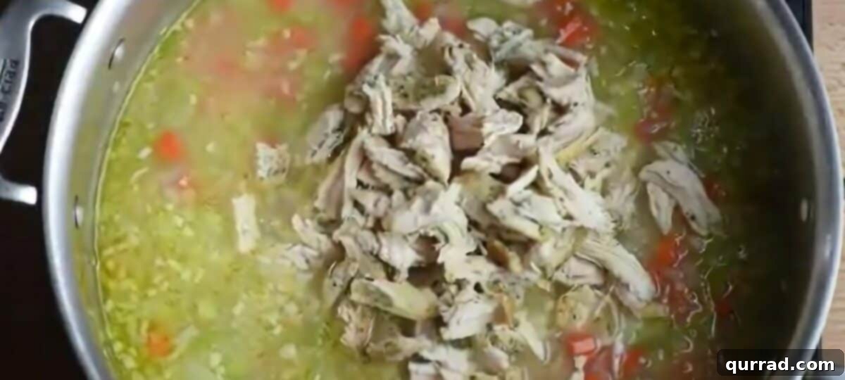 Golden Avgolemono Greek Lemon Chicken Soup 6 Shredded cooked chicken being added to the simmering soup in the pot.