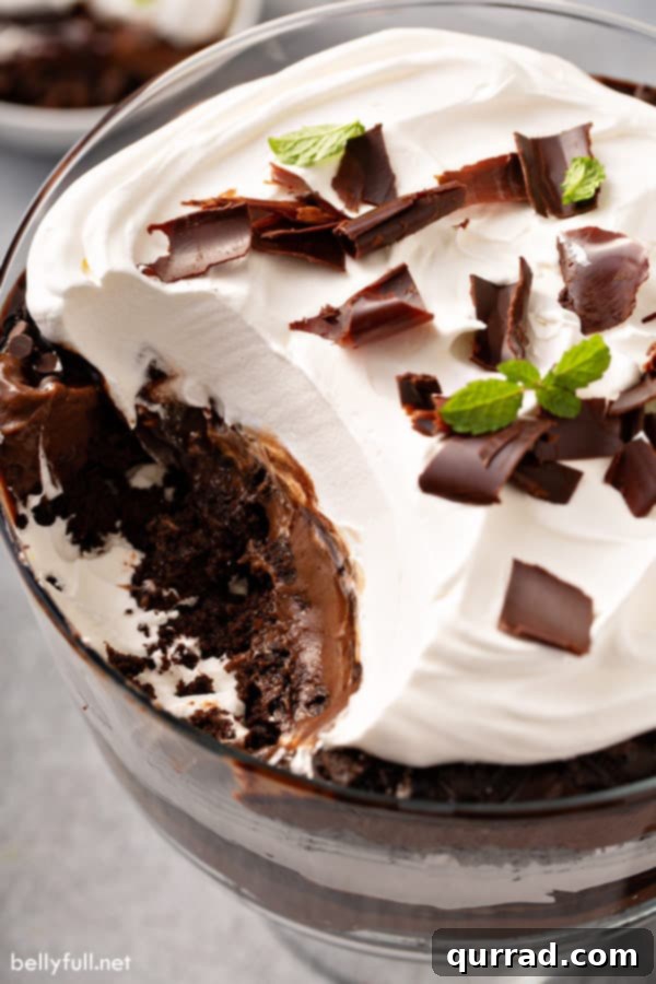 Sinful Chocolate Trifle 3 A serving of Death By Chocolate Trifle scooped out, showcasing its rich, creamy layers of cake, pudding, and whipped cream.