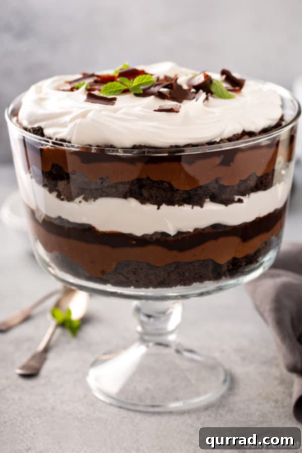 Sinful Chocolate Trifle 4 Close-up front view of the layered Death By Chocolate Trifle, highlighting the distinct chocolate and cream layers.