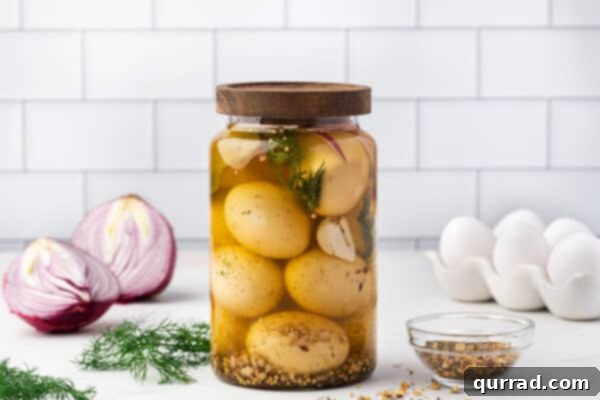 A sealed glass jar of homemade pickled eggs resting on a surface, ready for refrigeration.