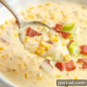 Spoonful of creamy corn chowder being lifted from a bowl.