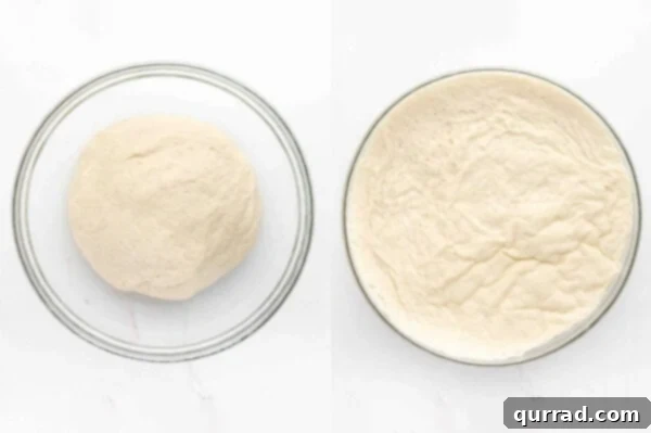 sandwich bread dough rising in glass bowl