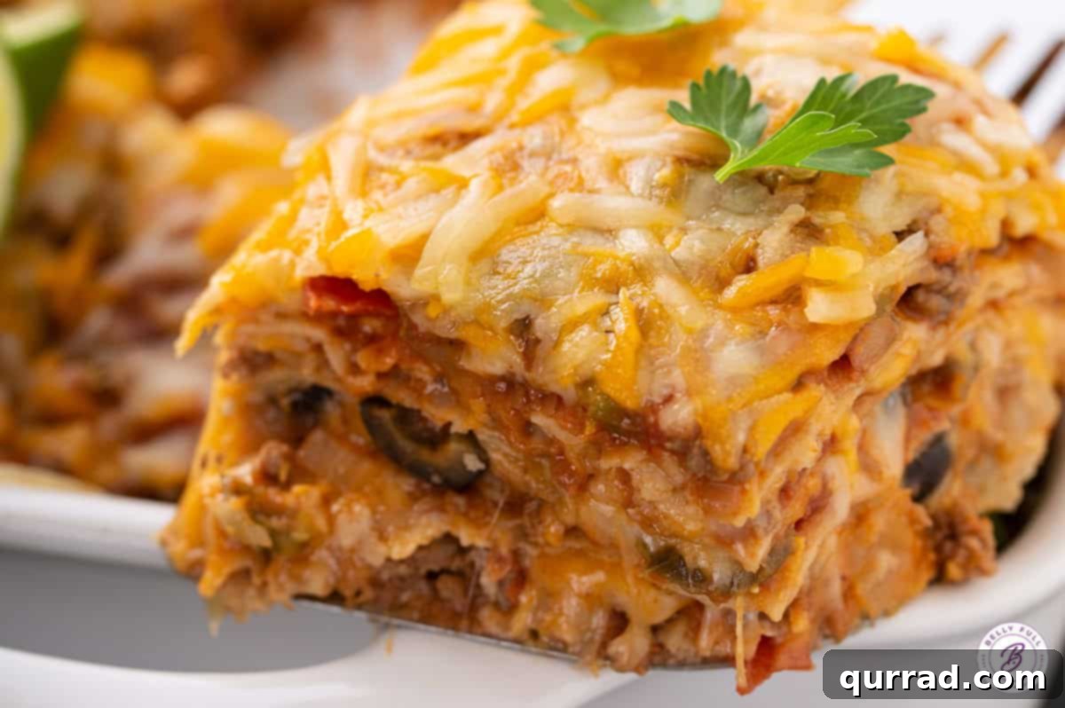 portion of Mexican Lasagna on serving spatula, showing layers