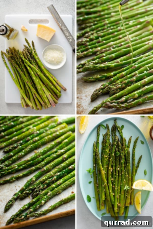 Asparagus, Roasted to Perfection 3 Step-by-step process for preparing oven roasted asparagus, showing fresh spears being trimmed and seasoned on a baking sheet.
