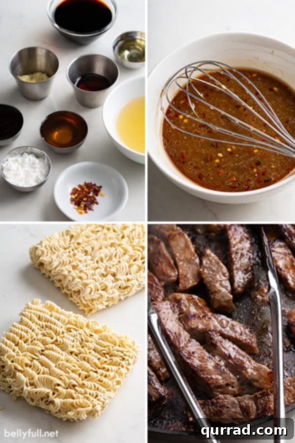 Step-by-step photos for homemade beef and broccoli ramen stir fry preparation, demonstrating the ease of cooking.