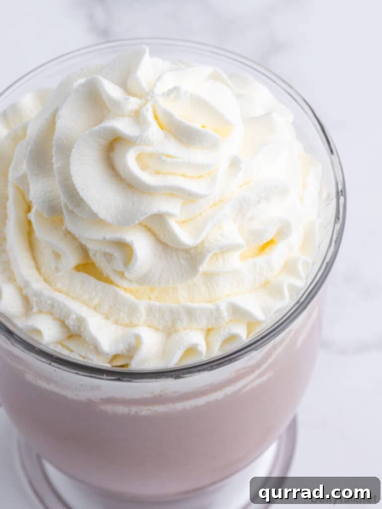 Cloud-Like Homemade Whipped Cream 2 Glass of hot chocolate adorned with a generous swirl of fluffy homemade whipped cream, inviting warmth and indulgence.