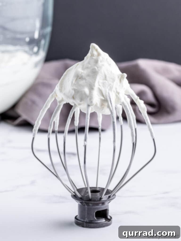 Cloud-Like Homemade Whipped Cream 4 Close-up of fluffy homemade whipped cream clinging to a whisk attachment, illustrating its perfect, airy consistency.