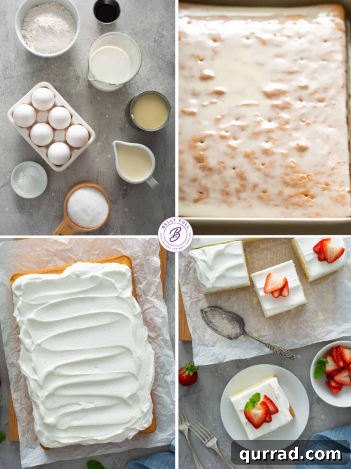 Super Moist Three Milk Cake 4 A series of four step-by-step photographs illustrating the process of making Tres Leches cake, from mixing batter to soaking in milk.