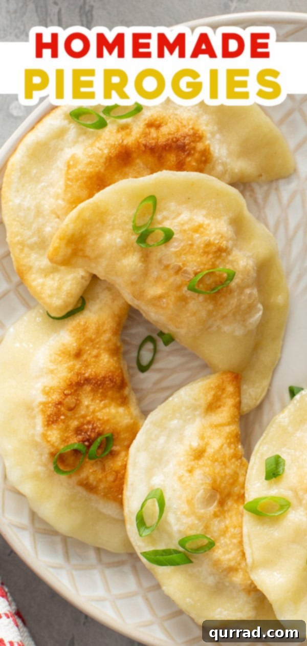 Ultimate Homemade Pierogi Video Guide 8 Pinterest pin graphic for homemade pierogies recipe, showing several pierogi with sour cream.