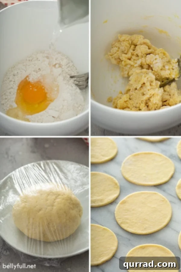 Ultimate Homemade Pierogi Video Guide 4 Step-by-step process photos showing pierogi dough being mixed, kneaded, and then rolled out and cut into circles.
