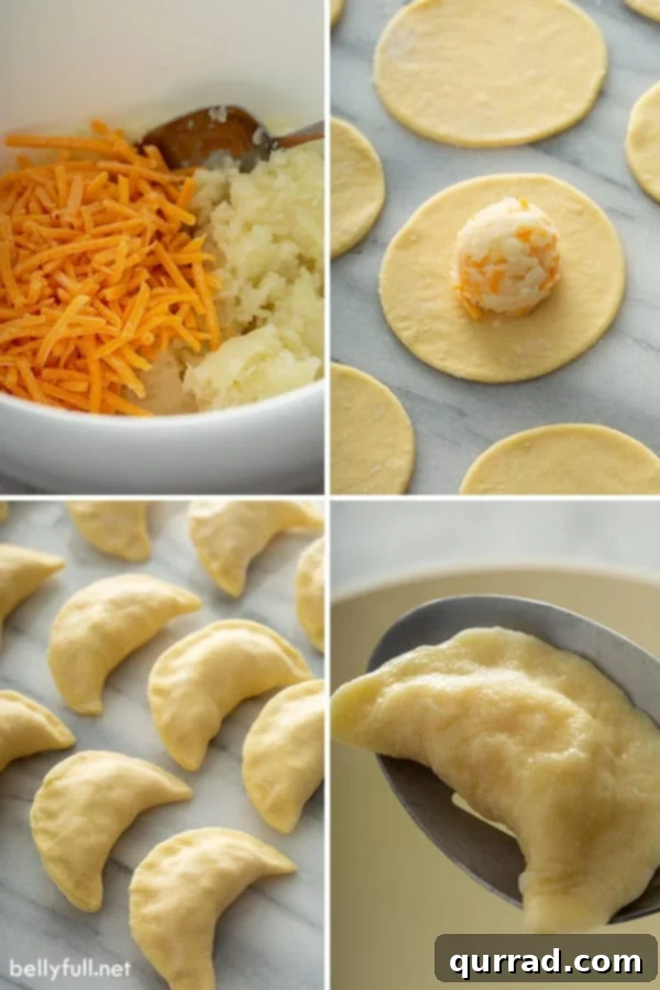 Ultimate Homemade Pierogi Video Guide 5 Step-by-step process photos showing the potato and cheese filling being placed on dough circles and then folded and sealed to form pierogi.