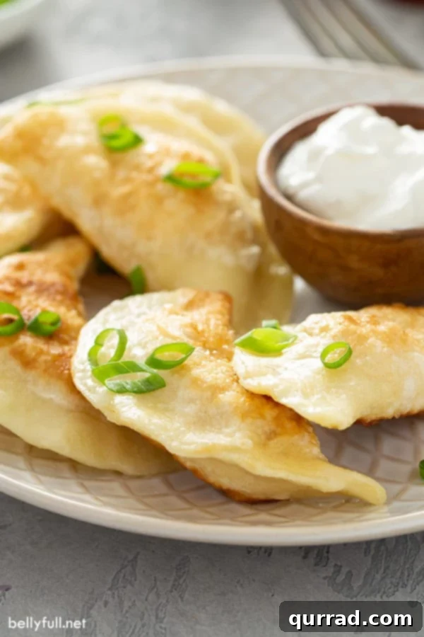 Ultimate Homemade Pierogi Video Guide 6 Pan-fried pierogi arranged on a plate with a small bowl of sour cream and fresh herbs, ready for a delicious meal.