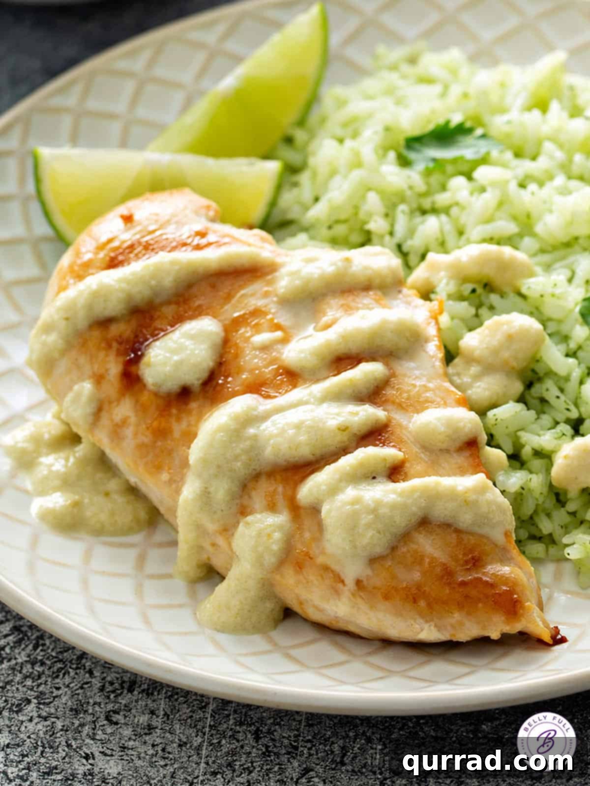 Pan-Fried Chicken Breast with Creamy Chile Sauce served with rice