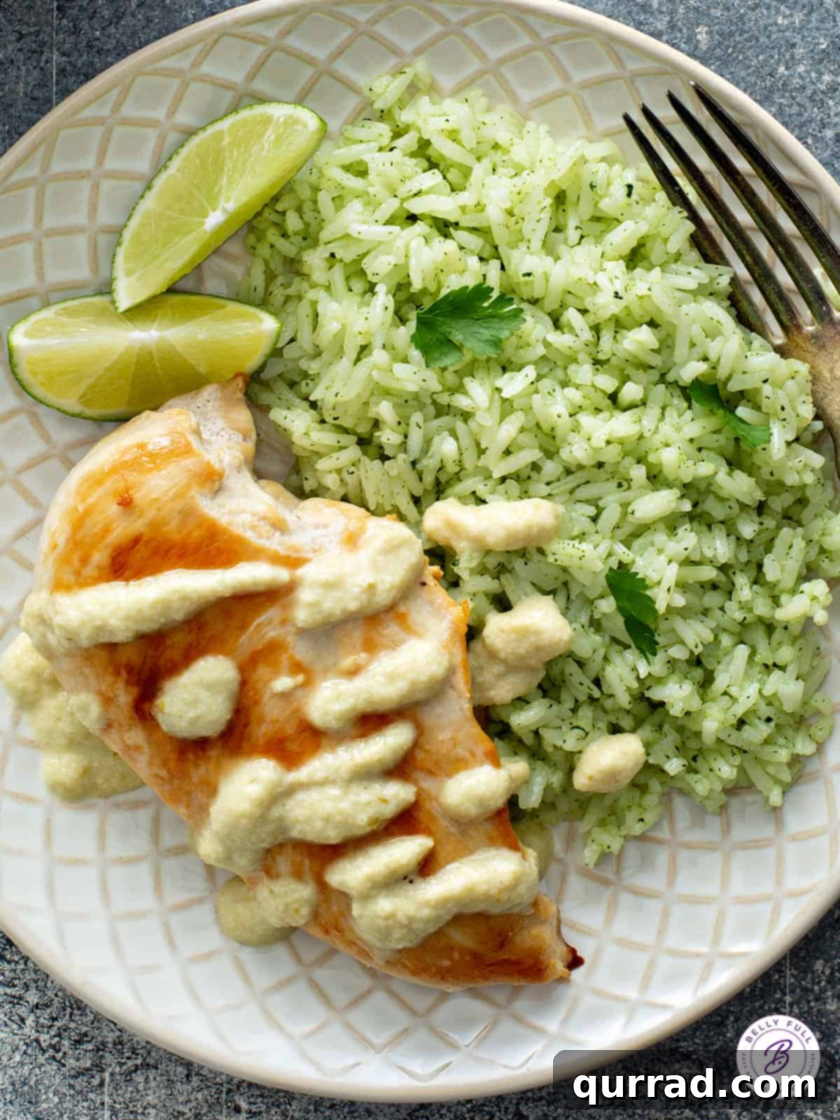 Overhead shot of pan-fried chicken with chile cream sauce and cilantro rice on a plate