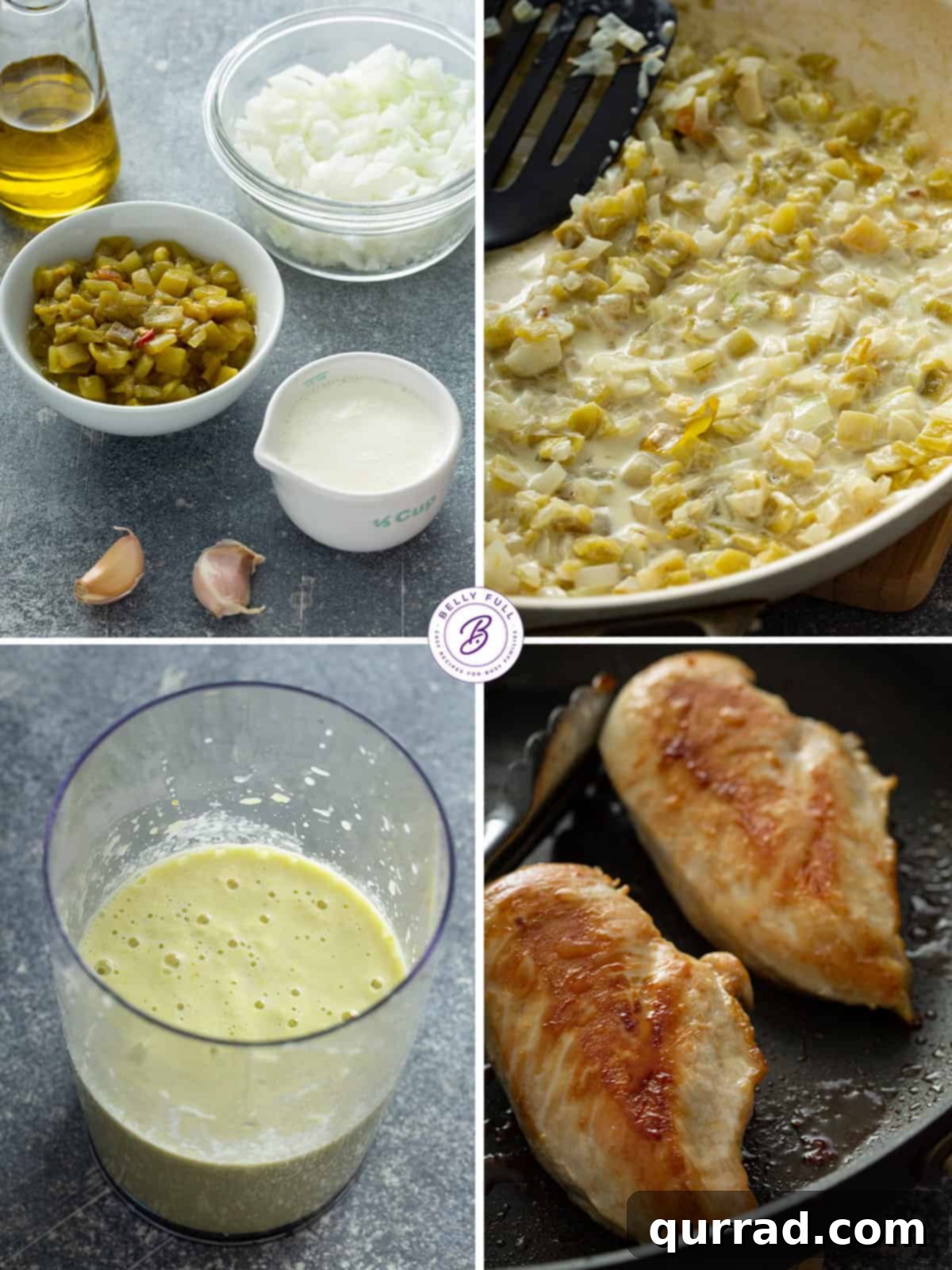 Four step-by-step images showing how to make pan-fried chicken breast with chile cream sauce
