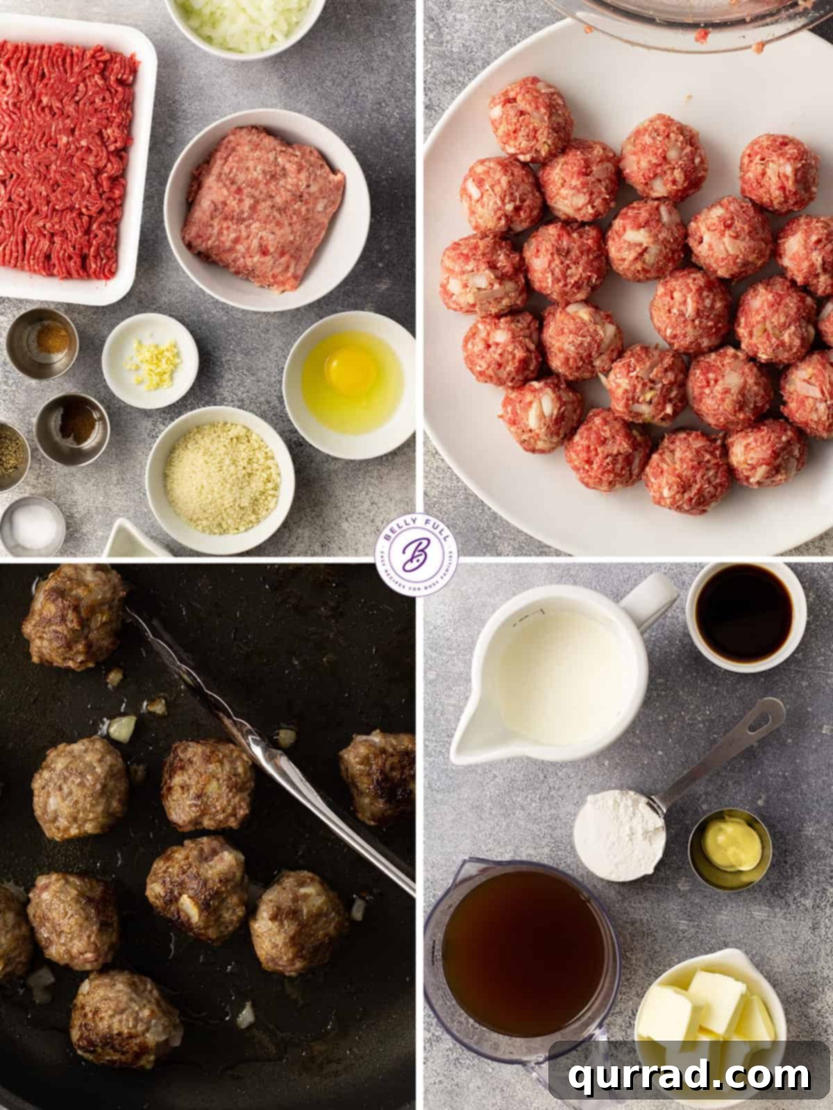 Creamy Swedish Meatballs 3 A collage of four images showing the fresh ingredients required to make homemade Swedish Meatballs, including ground meats, onion, and spices.