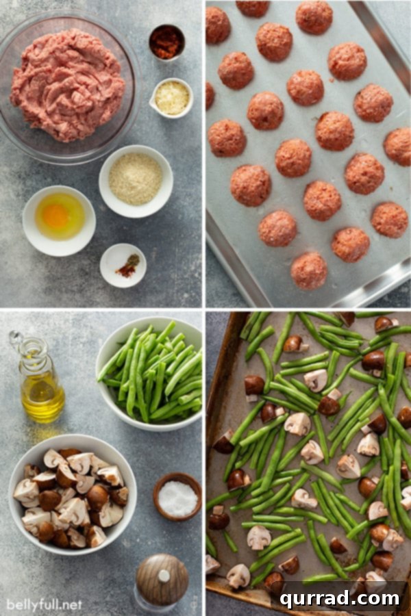 ingredient photos for baked ground turkey meatballs and roasted vegetables