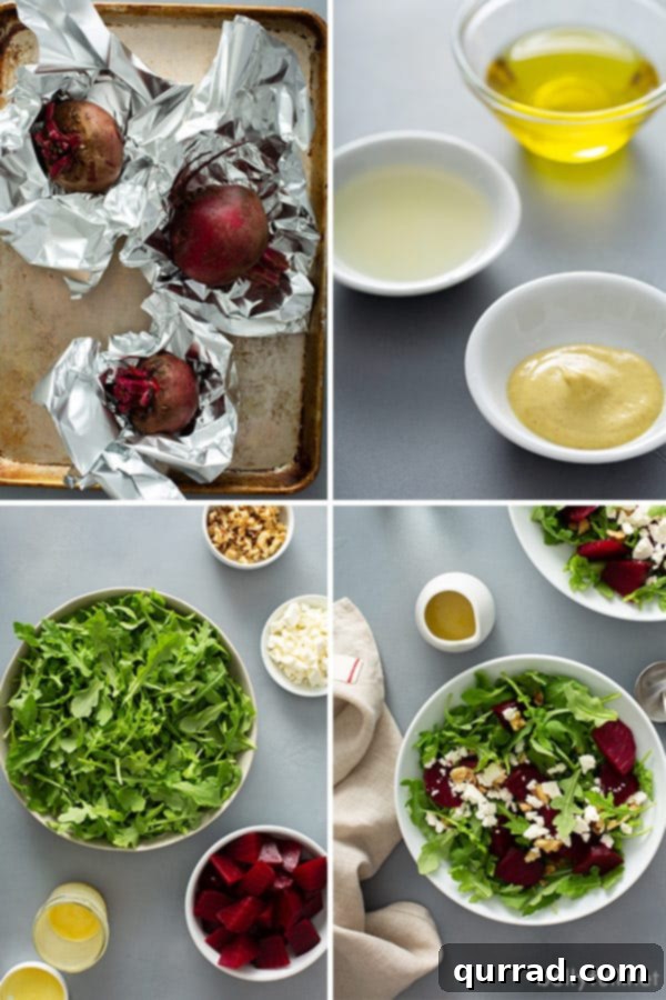 Essential ingredients laid out for Arugula Beet Salad including fresh arugula, whole beets, feta cheese, walnuts, and dressing components