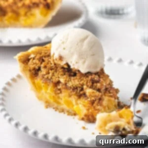 Velvet Peach Pecan Pie 3 slice of peach pie with scoop of vanilla ice cream on plate