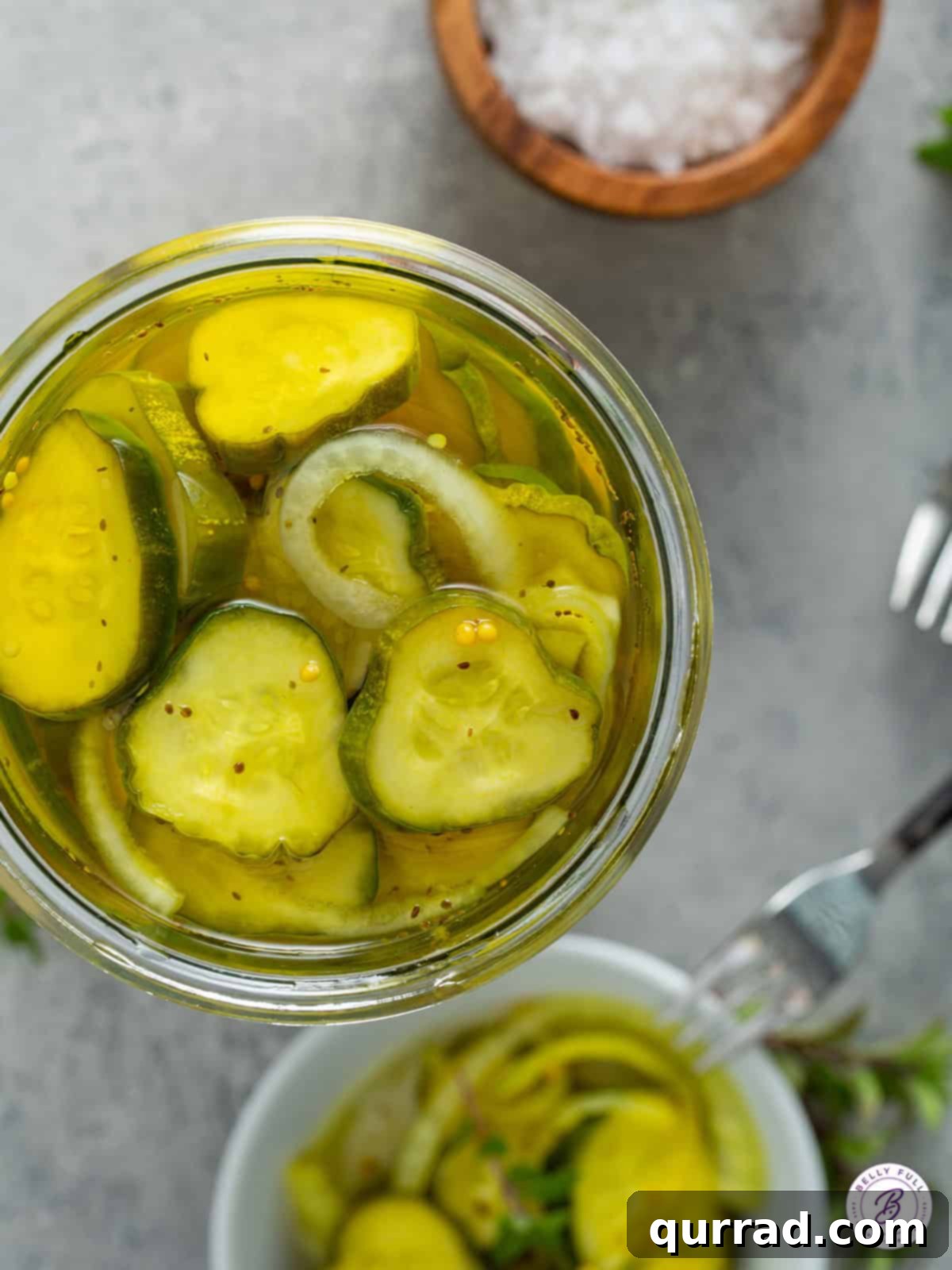 Crisp Sweet and Zesty Cucumber Pickles 5 overhead bread and butter pickles in jar