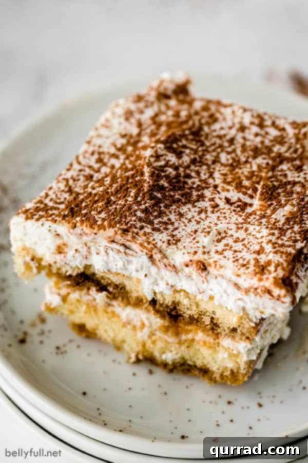 close up piece of Tiramisu on white plate