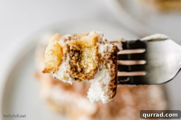 Tiramisu piece on fork.