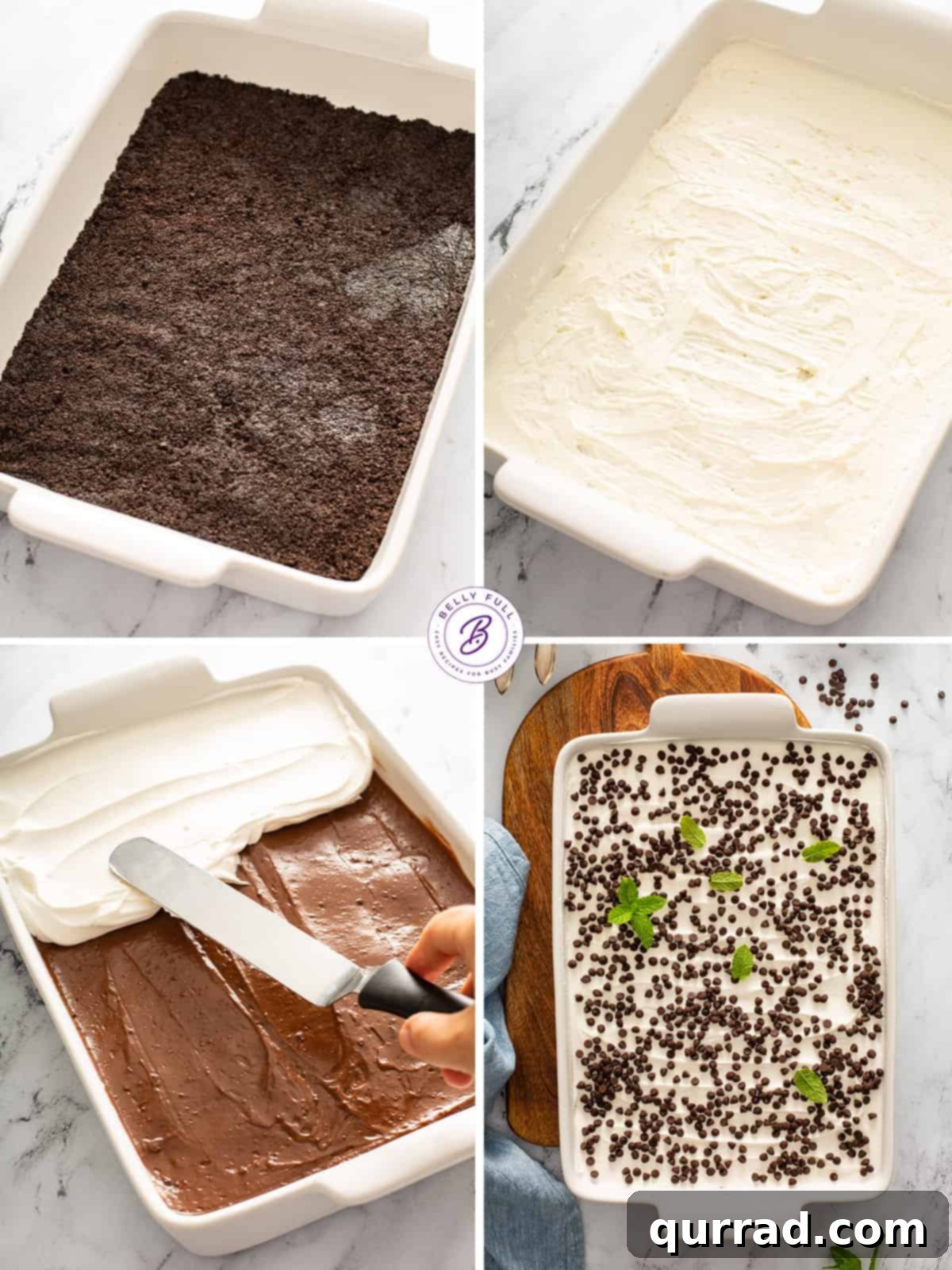 A collage of four step-by-step images illustrating how to prepare a Chocolate Lasagna, from crust to final layers.