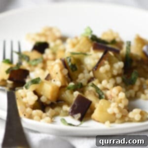 eggplant couscous with torn basil on plate