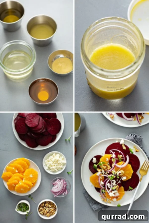 A collage of ingredients for orange beet salad, showing sliced oranges, roasted beets, crumbled feta, and fresh microgreens