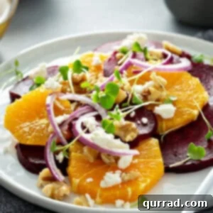 Close-up of the prepared orange beet salad, ready to be served