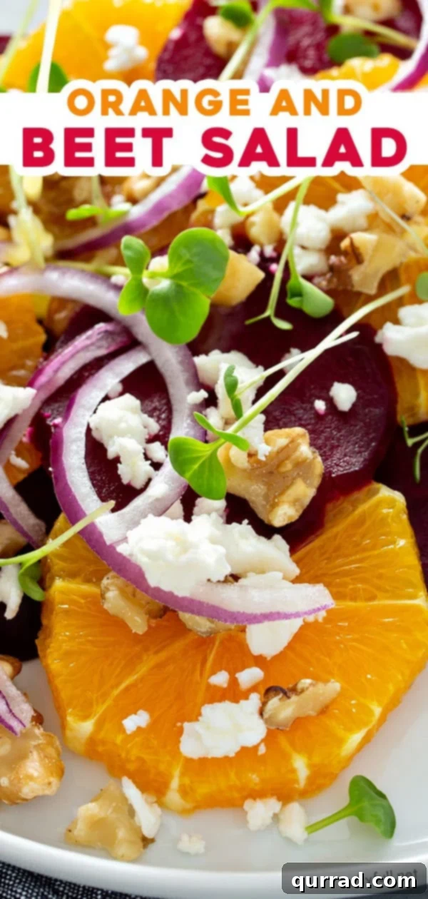 Pinterest pin graphic for orange beet salad featuring key ingredients and finished dish