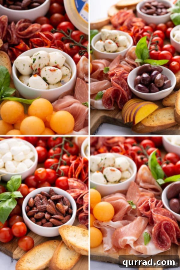 A four-panel collage showcasing the fresh, high-quality ingredients ready for assembly on the Italian Antipasto meat and cheese board, including Galbani mozzarella, cured meats, fresh fruit, and toasted bread.