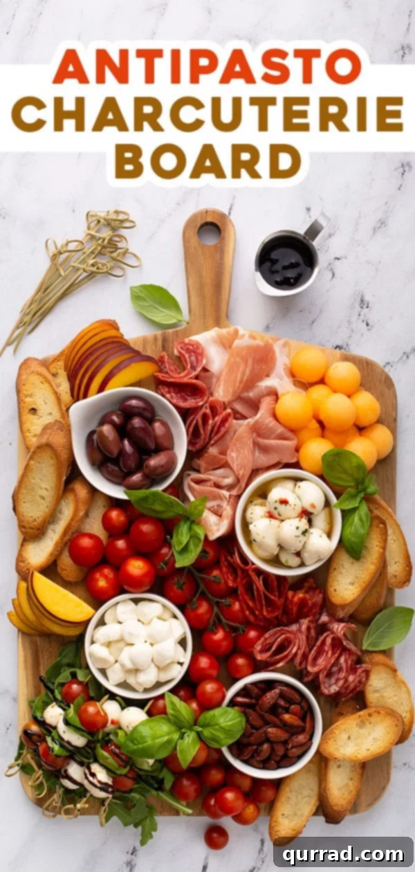 Pinterest pin graphic for an exquisite Italian antipasto charcuterie board featuring Galbani mozzarella, cured meats, fresh peaches, and cherry tomatoes, designed for easy sharing and summer entertaining.