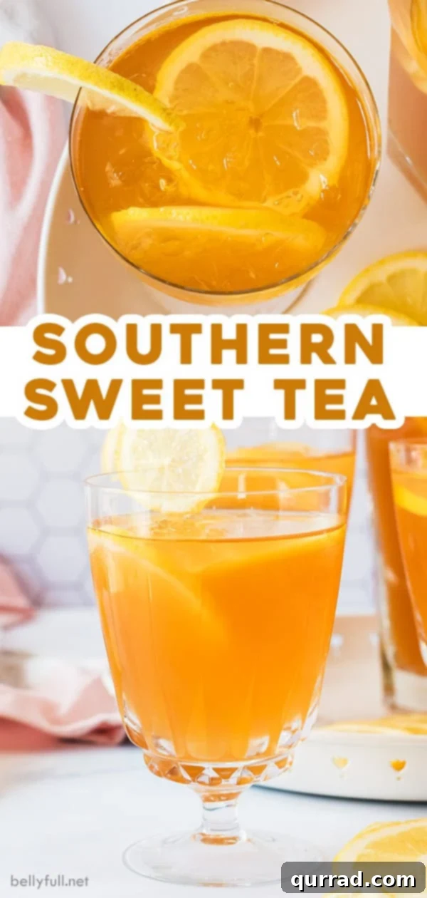 Southern Sweet Tea Classic 7 Pinterest pin image for Southern Sweet Tea recipe, showing a tall glass with lemon and ice